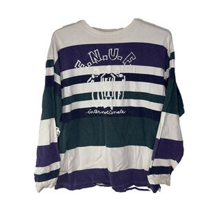 Vintage Enuf Internationale Shirt Mens Medium Purple Green White Striped 90s USA